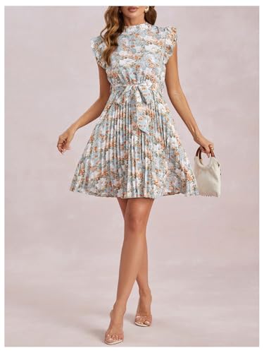 Image of Milumia Women's Floral Print Ruffle Cap Sleeve Short Dress Belted Pleated Casual Dresses