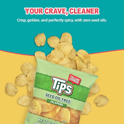 Image of TIPS Potato Chips - Snack Pack - Tallow Cooked - Seed Oil Free & Gluten Free - Kettle Style Potato Chips Made with Potatoes, Beef Tallow, and Sea Salt (5oz 4 Pack, Jalapeno)