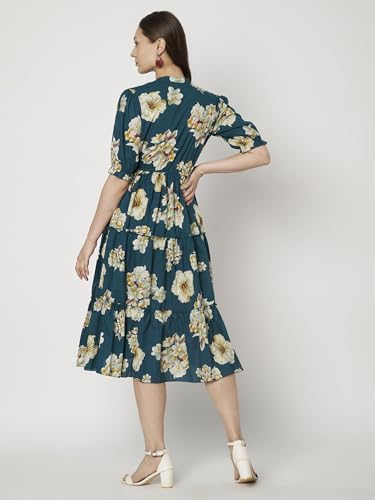 Image of PIDAVLIYA'S Women's Floral Summer Maxi Dress I Cotton Printed I One Piece Bodycon Midi Dress with V-Neck, Puffed Sleeves