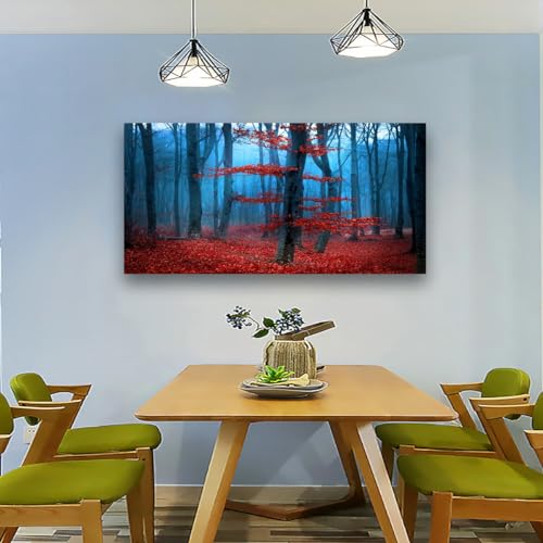 Forest Canvas Wall Art Bedroom Wall Decor Living Room,Red Leaves Trees Wall Art Office Kitchen Paintings Artwork Modern Blue Mysterious Scenery Pictures Art Prints Waterproof Ready to Hang-28x57inch by SiGuTie - Used condition - Image 4