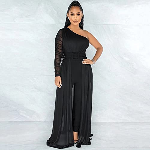 Dressy Jumpsuits For Women Sexy One Shoulder Mesh Patchwork Belted Bodycon Pants Rompers Overlay Jumpsuit Black Xl #TOP2