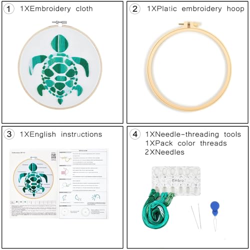Image of Sea Turtle Embroidery Kits for Beginners Adults, Hand DIY Embroidery Starter Kit, Stamped Cross Stitch Kits for Beginners Adult Craft Kits for Women, Entire Set of Embroidery Supplies & Video Tutorial