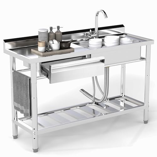 Trintion Freistehende Edelstahl Spültisch, 1 Becken mit Linke Schublade, Gewerbliche Spülbecken mit Kalt und Warmwasserschläuchen,Wasserhahn, für Waschküche,Bauernhaus, Innen- und Außenspüle (47 Zoll)
