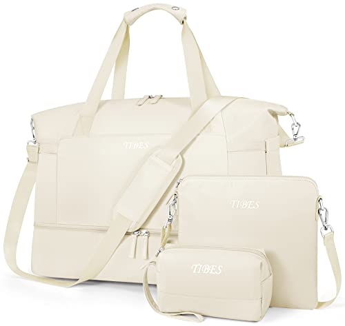 Gym Bag For Women Weekender Bag With Waterproof Shoe Compartment Sports Travel Duffel 3Pcs Set Carry On Overnight Bags For Business Trip Travel Gym Yoga,Off-White #TOP9