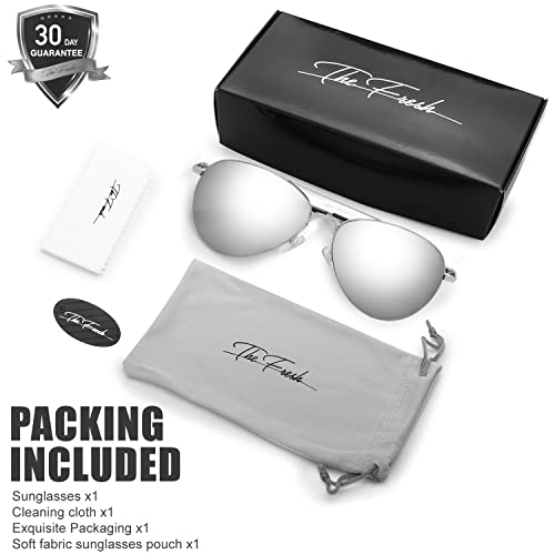 Image of The Fresh Classic Aviator Sunglasses for Men Women, Metal Frame Mirror Lens, Pilot Style, Includes Cleaning Cloth, Pouch