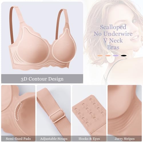 Image of Ganado Wireless Bras for Women No Underwire Scalloped Seamless Bras with Support and Lift Padded T Shirt Bra Comfort Bralette
