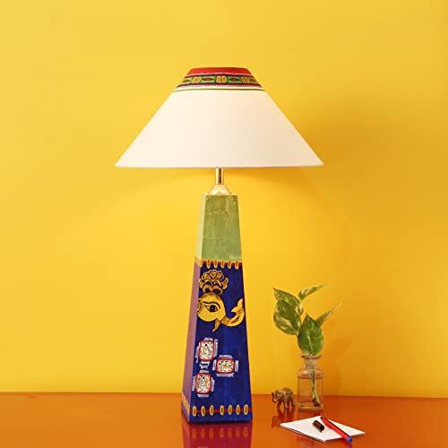 Image of AAKRITI ART CREATIONS MDF Board Table Lamp for Study Room, Bedroom & Living Room Decoration | Madhubani Madhubani Peacock Motif Bedside Lamp with Cotton Fabric Shade | Aesthetic Night Lamp