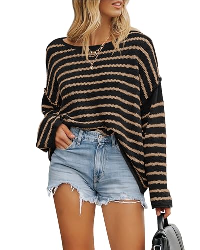 BTFBM Women's Striped Knit Sweaters 2025 Spring Fall Boat Neck Off Shoulder Long Sleeve Oversized Casual Pullover Tops