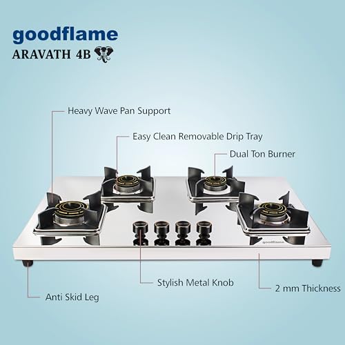 Image of goodflame Aravath 4 Burner Stainless Steel Gas Stove for Kitchen | Heavy 2MM SS Body | Brass Burners | 2 Year Warranty | ISI Certified | Manual Ignition | LPG Ready and PNG Compatible, (Silver)