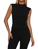 Amilia Women's Mock Neck Sleeveless Solid Casual Slim T Shirts Basic Summer Tunic Tee Tops (US, Alpha, Small, Regular, Regular, Black)