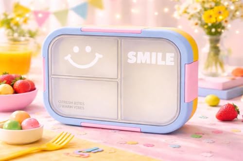 Image of Kids Bento Lunch Box with one Folding Spoon | Leakproof BPA-Free Tiffin Box for School | Cute Smile Design Food Storage Container for Boys & Girls