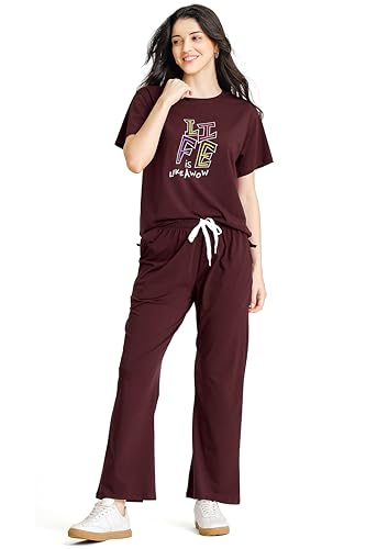 Image of ZEYO Night Suit for Womens Typography Printed Cotton Night Dress of Top and Wide Bottom Pyjama
