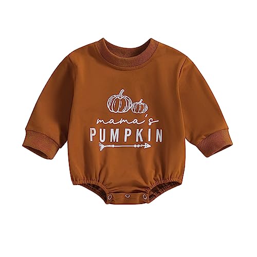 Image of ZAXARRA Newborn Baby Boy Clothes Baby Girl Halloween Outfit Crewneck Long Sleeve Pumpkin Print Romper Baby Fall Clothes (Brown B, 0-6 Months)