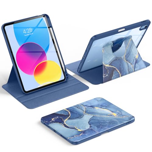 Soke Rotating Case for iPad (A16) 11th Generation 2025, iPad 10th Gen 2022 with Pencil Holder, [Shockproof + Auto Sleep/Wake] 360 Degree Rotation Clear Back for iPad 11"/10.9", Ocean Marble