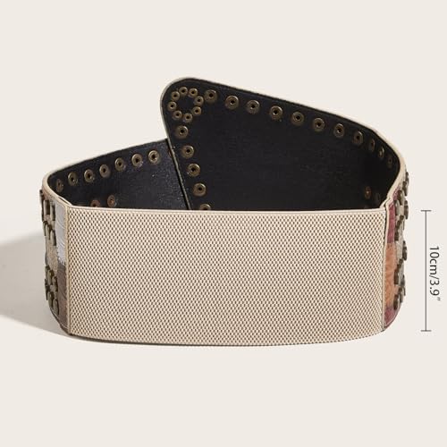 Generic Women's Elastic Skinny Belt Stitched PU Leather Bronze Tacks Vintage Wide Waist Cinch Belt for Women Girl Dress, Width 3.9 inch, 70CM2