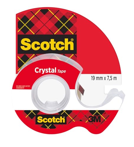Scotch Crystal Ruban Adhésif Transparent, 1 Rouleau avec Dévidoir Manuel, 19 mm x 7,5 m - Ruban Adhésif Transparent à Usage Général pour l'Ecole, la Maison et le Bureau