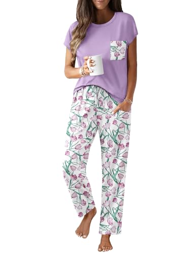Image of Ekouaer Womens Pajama Sets Cap Sleeve Sleepwear Tops and Long Pants Comfy Pjs 2 Piece Lounge Set with Pockets S-XXL