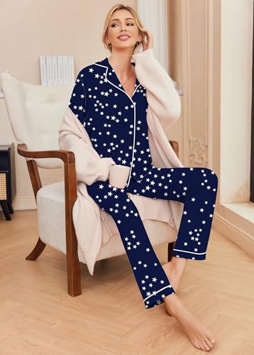 Image of Ekouaer Pajamas Women's Long Sleeve Sleepwear Soft Button Down Loungewear Pjs Lounge Set Nightwear,Navy Stars Pattern,Small