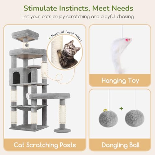 Image of Globlazer Extra Large Platform Cat Tree, 65in Sturdy Cat Tree for Indoor Cats Large Adult, Big Cat Tower for Big Cats with 3 Enlarged Perches, 6 Scratching Posts, Cat Condo, Hammock, S65, Light Grey