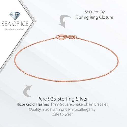 SEA OF ICE Sterling Silver 1mm Square Snake Chain Bracelet For Women, Size 7.25" Italy3
