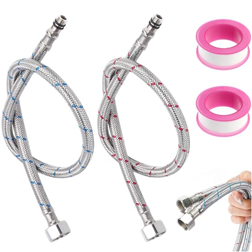 Manguera de Conexión Flexible, G3/8 x M10 Extensión de Manguera de Conexión para Grifo, 2 Piezas Mangueras Trenzadas de Acero Inoxidable, Latiguillos de Fontanería con Cinta de Sellado, para Cocina