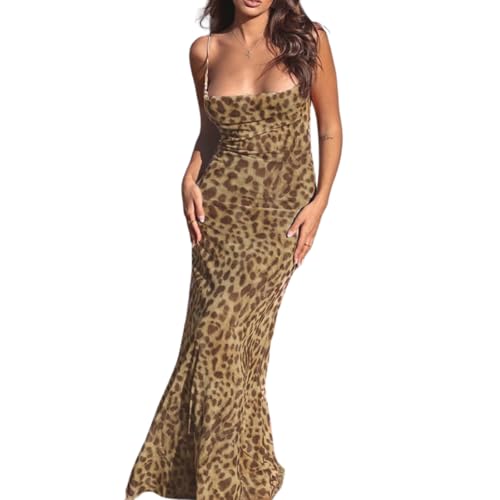Image of Women's 2025 Summer Dresses Floral Bodycon Maxi Dress Spaghetti Strap Backless Cocktail Party Long Dresses