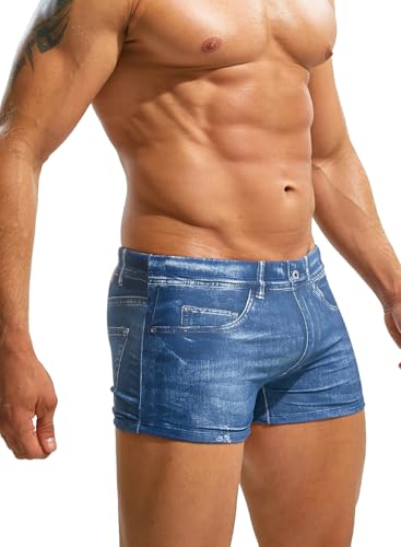 MIZOK Mens Denim Prints Swim Trunk Quick Dry Boxer Swimwear Square Leg Swimsuit2