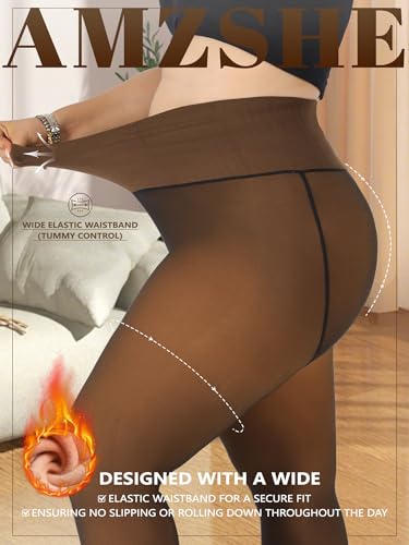 Image of Plus Size Fleece Lined Tights Women, Control Top Thermal Tights for Women, Fake Translucent Winter Warm Tights