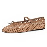 ZJGZF Brown Woven Ballet Flats for Women Mesh Raffia Mary Janes Cute Round Toe Ballerina with Bow Elastic Strap Summer Straw Crochet Casual Dressy Shoes