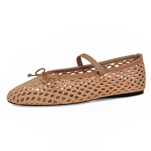 Woven Ballet Flats for Women Cute Raffia Mary Janes Bow Elastic Strap Summer Straw Comfortable Casual Dressy Shoes
