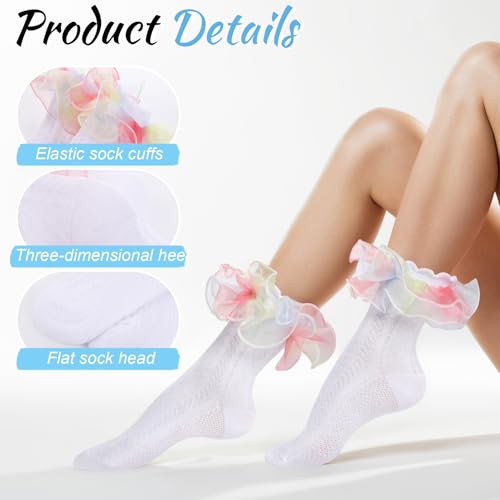 Image of Geyoga 3 Pairs Women Big Ruffle Socks Turn Cuff, Double Lace Ankle Cotton Frilly Socks for Ladies Summer