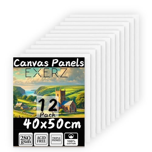 Exerz Paneles de lienzo de 40 x 50 cm, 12 piezas, tablero de lienzo de 3 mm, 280 g/m², 100% algodón, en blanco, triple imprimación, sin ácidos, grano medio, aceite y acrílico