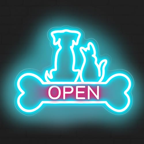 Image of Pet Shop Open Neon Sign Cute Dog And Cat Open LED Light | Bright Pet Grooming Salon Light Animal Shelter Storefront Decor Vet Clinic Window Decor, Ice Blue+Light Pink, 16.5 inchx12.4 inch