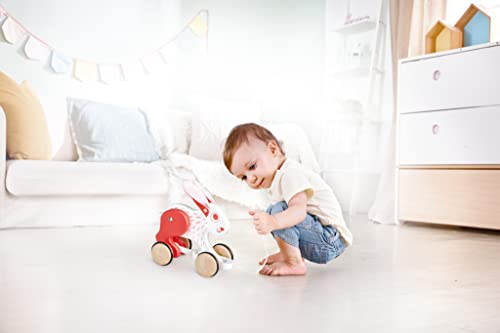 Image of Hape: Pull Along - Bunny - White & Red - Wooden Animal Toy, Rubber Rimmed Wheels, Encourages Walking, Push & String Pull, Kid Baby Toddler, Age 12 mo+