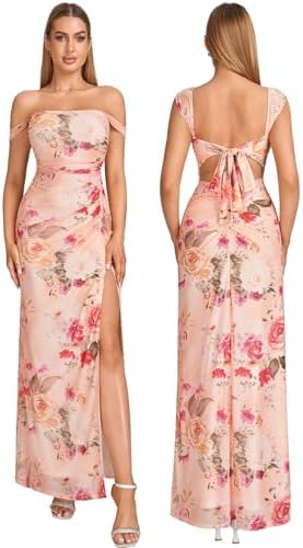 HTZMO Off The Shoulder Wedding Guest Floral Maxi Dress Back Bow Tie Split Ruched Bodycon Formal Long Dresses for Women, Pinkfloral, M