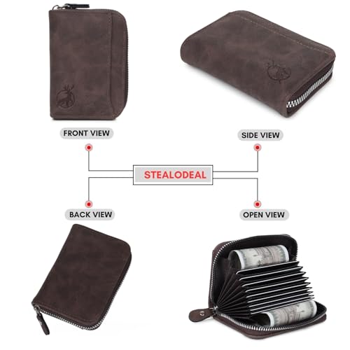 Image of Stealodeal Premium PU Leather 9-Slot Card Holder with 2 Cash Compartments and Zipper Closure Credit /Debit /ATM Card Holder (Dark Brown)