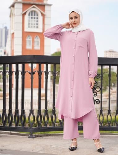 Image of IDOPIP Abaya Dress for Women Muslim Set Long Sleeve Chiffon Islamic Dress Shirt with Pants 2PCS Dubai Prayer Casual Clothes