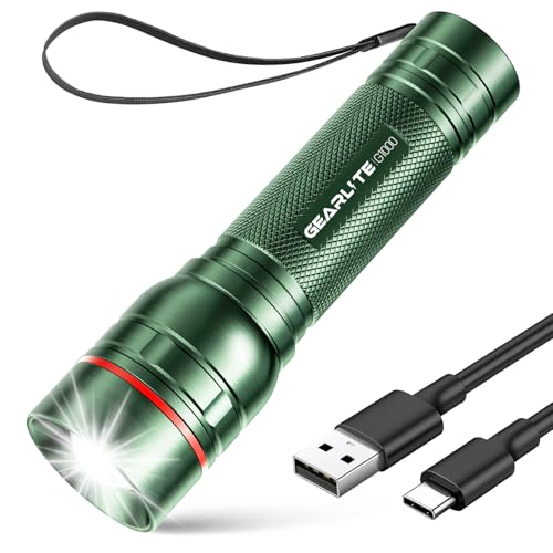 GEARLITE Taschenlampe LED Aufladbar, 2000 Lumen LED Taschenlampe Kinder mit 3 Modi，Zoombare Mini Handlampe mit Langer Laufzeit, IP65 Wasserdicht Flashlight für Camping Angeln Notfall Outdoor-Grün