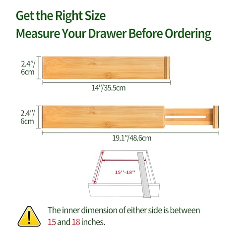 VaeFae 6-Pack Bamboo Drawer Dividers – Adjustable 14"-19.1" (Fits 15"-18" Drawers ONLY), Spring-Loaded Expandable Organizer for Kitchen, Bedroom, Office & Bathroom, MUST MEASURE Before Purchase - Image 3