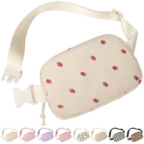 Vankor Corduroy Cute Fanny Packs for Women Cross Body Everywhere Belt Bag for Women Crossbody Stylish Waist Pack Purse for Travel Hiking Workout Running Beige Corduroy Strawberry