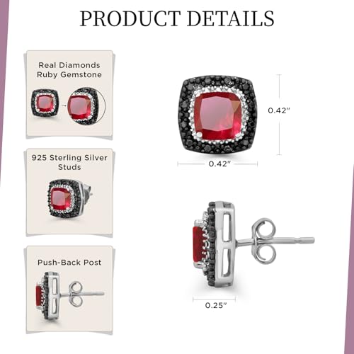 Jewelili Cushion Gem Stone with Black and White Diamonds Halo Stud Earrings in Sterling Silver. Choice of Ruby, Emerald, Blue Sapphire, Blue Topaz, Or Opal3