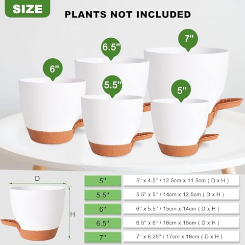 Image of INKULTURE Flower Pot for Indoor Plants - Self Watering Plant Pot Set of 5, Multi Size Plastic Planter with Drainage Hole & Watering Lip (7 /6.5 /6 /5.5 /5 Inch) White | Pots for Home, Office & Succulents