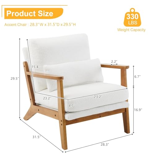 Image of Mid-Century Accent Relax Chair - Wide Armrest Lounge Chair with Linen Fabric with Lumbar Pillow (White, 28.3 x 31.5 x 29.5 INCH)