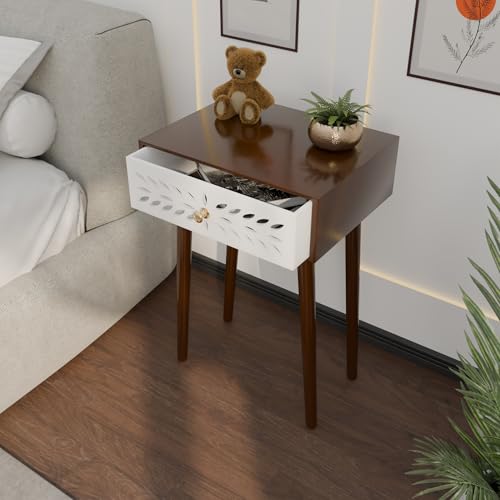 Image of Ereteken ART Nightstand Bedroom Carved Beside Table Made of MDF, Night Stand with 1 Drawers end Table for Bedroom /Living Room-White (Brown)