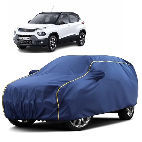 Image of Sulfar 100% Water Resistant Car Body Cover Compatible with Mirror for Tata Punch (Triple Stitched, Full Bottom Elastic, Blue Taffeta with Yellow Piping)