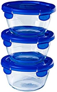 Set of 3 round glass lunchbox containers with airtight and leakproof lid - 15x8 cm - BPA free