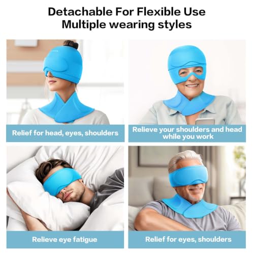 Image of 3 in 1 Migraine Relief Cap Neck Ice Pack Wrap Gel and Ice Eye Masks, Detachable Ice Caps with Eyes Masks, Hot and Cold Therapy for Relief of Headaches, Stiff Neck and Eye Fatigue (ICY Blue)