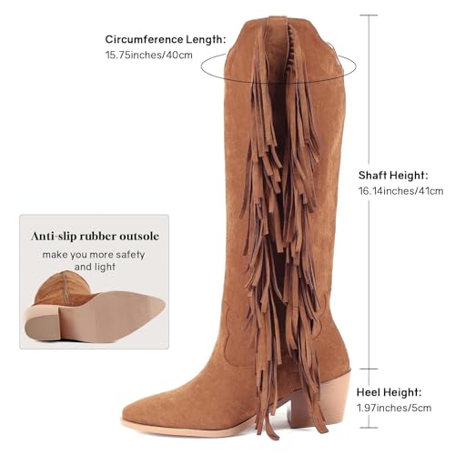 Image of KiutSymo Cowgirl Fringe Boots For Women White Tassels Cowboy Boots Knee High Pointed Toe Western Boots