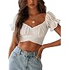 LYANER Women's Ruffle Short Sleeve Tie Up Back Crop Top Off Shoulder Bardot Blouse White Small