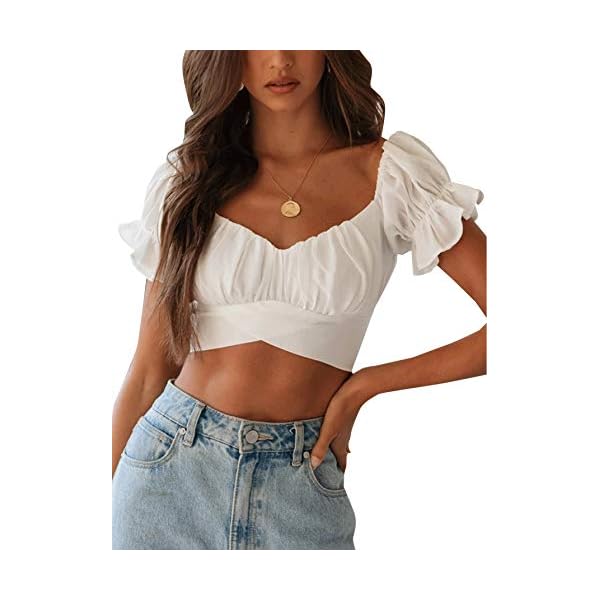 LYANER Women's Ruffle Short Sleeve Tie Up Back Crop Top Off Shoulder Bardot Blouse White Small